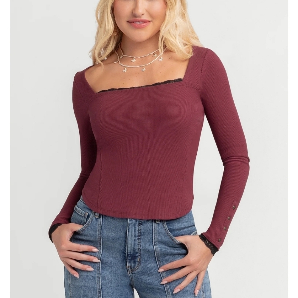 (3/$25) NWT Jessica Simpson Ribbed Knit Top | Plum Burgundy Lace Trim Size Large
